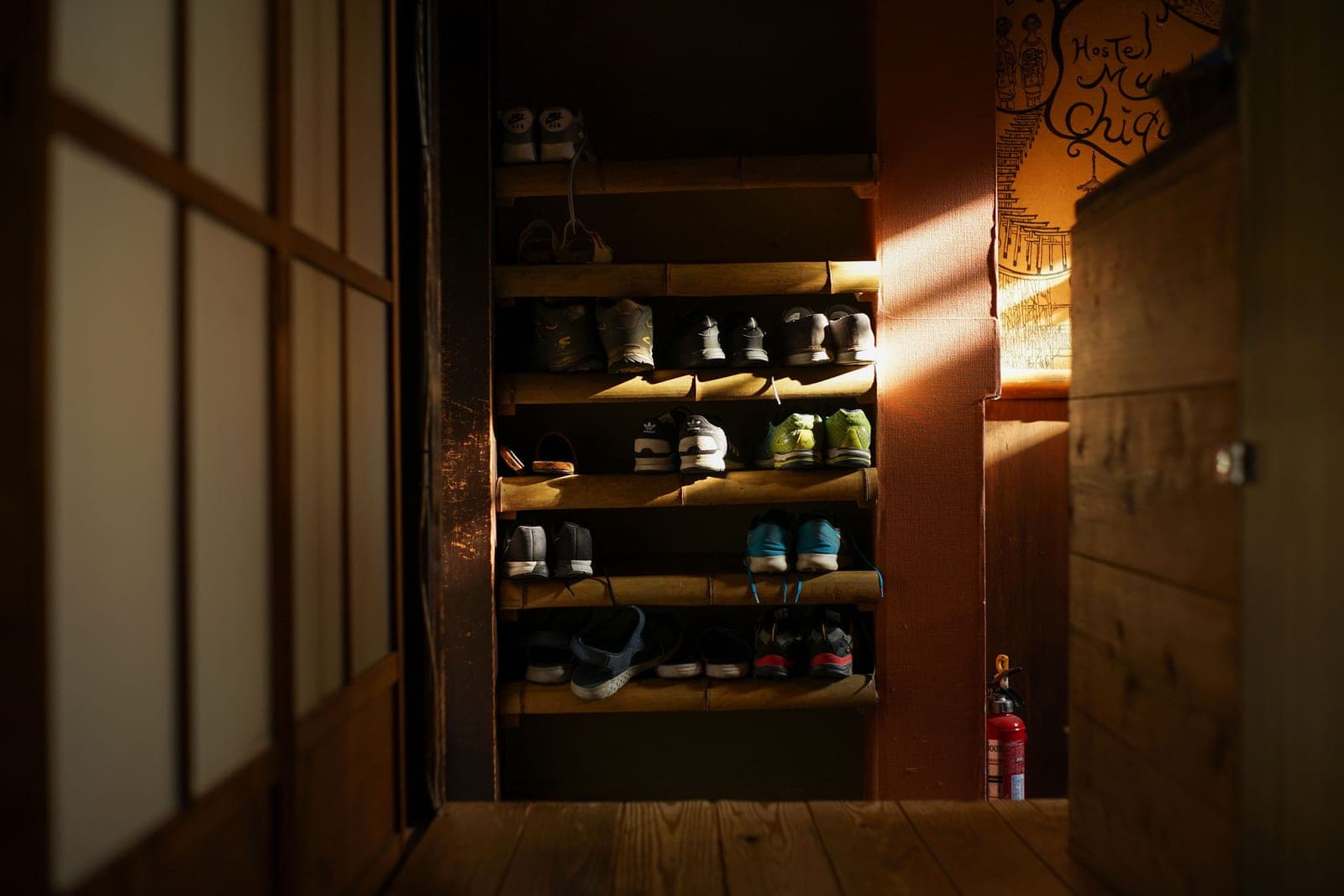 Sneakers arranged in the open compartments of a warmly lit wooden shoe rack